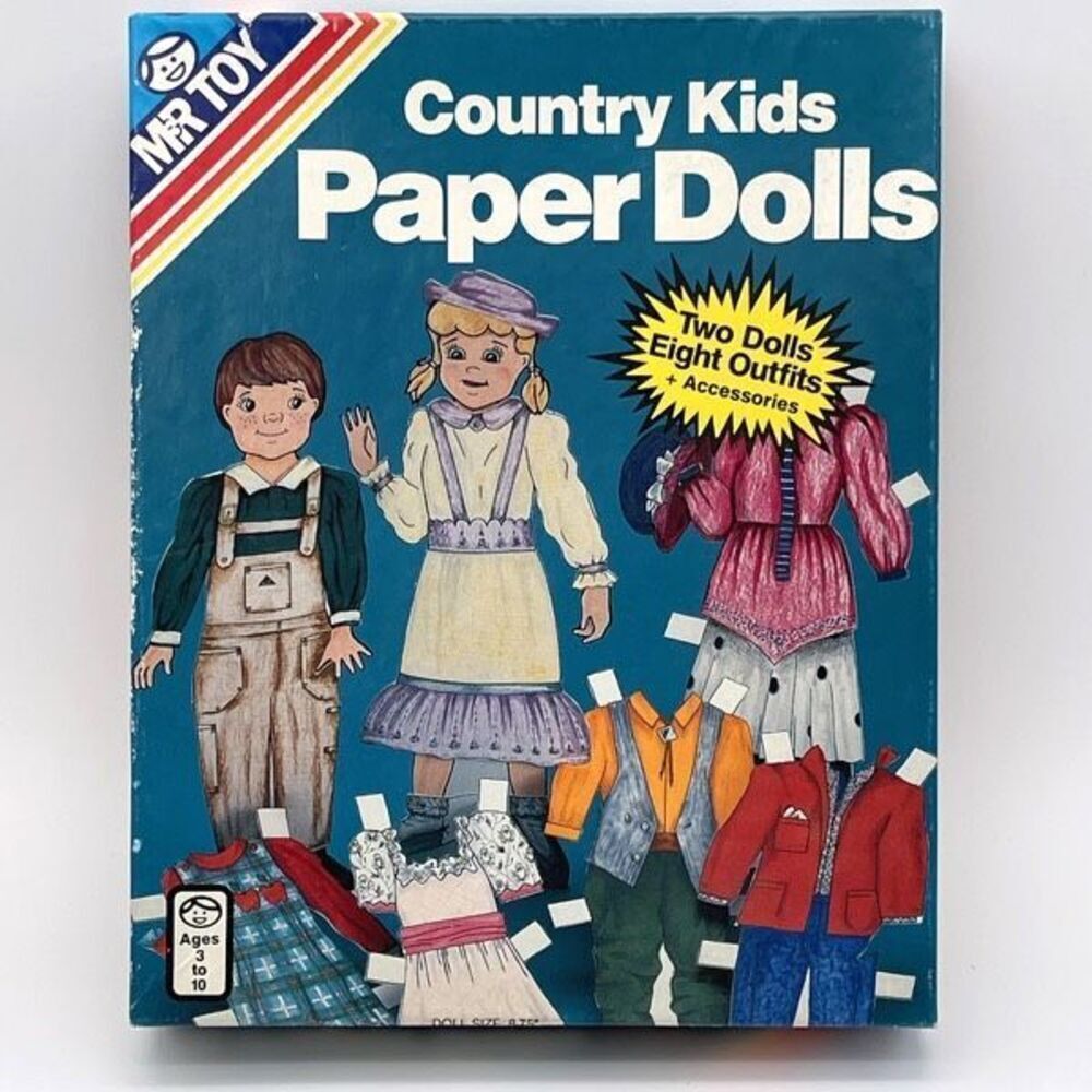 Vintage Mr. Toy Country Kids Paper Dolls Unused Open Box 2 Dolls 8 Outfits Retro